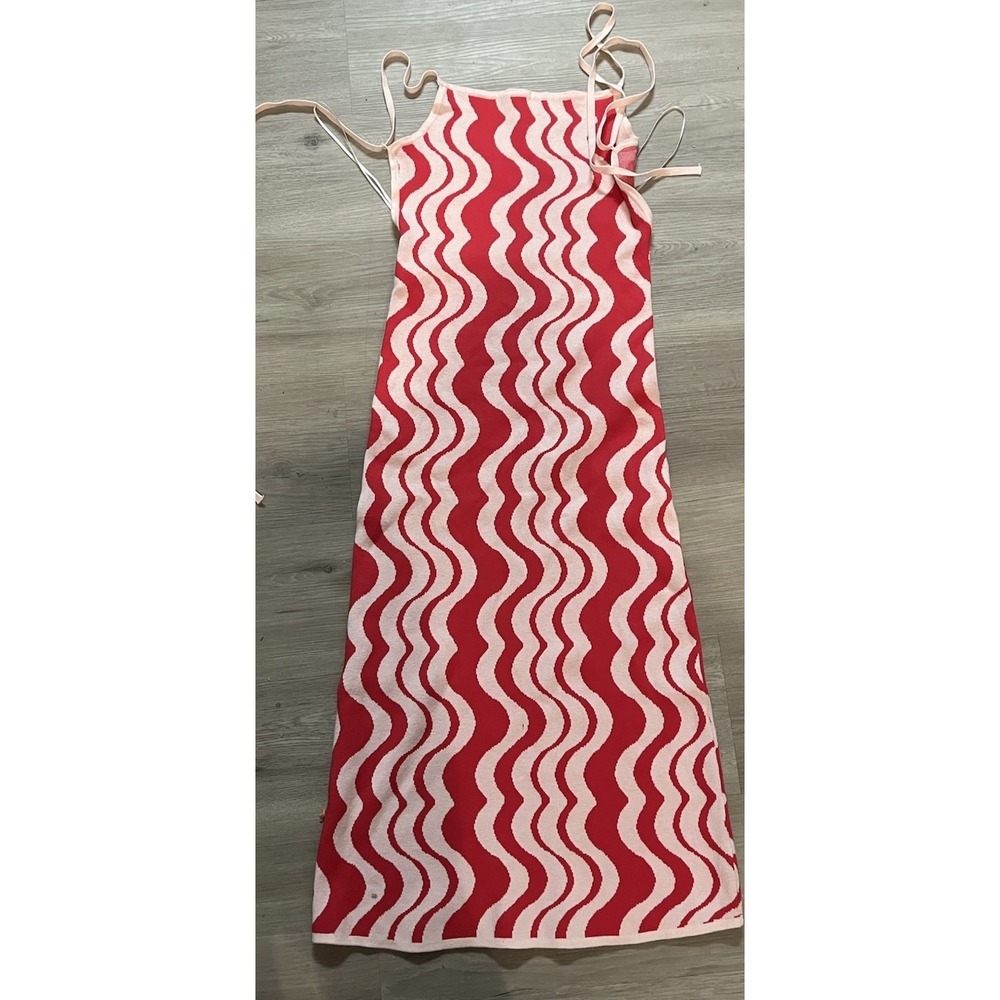 Dolls Kill Pretty Garbage Wavy Print Midi Dress Red White S Backless Tie